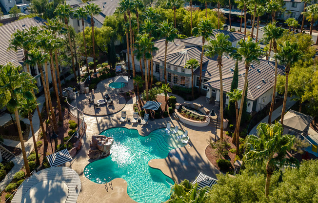 an aerial view of the pool and amenities at the resort