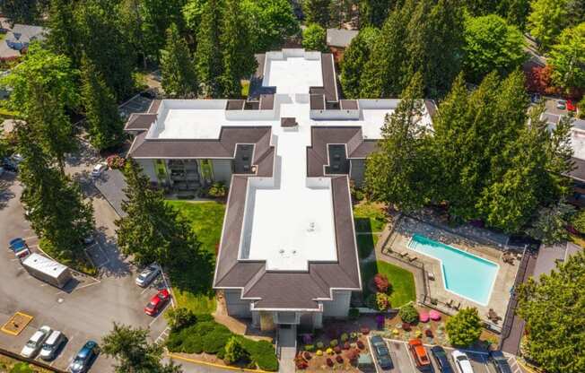 Duet Apartments in Lynnwood, Washington Aerial View and Pool