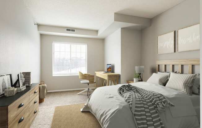 Stylish Bedroom with Desk at Waterstone Place in Minnetonka, Minsesota