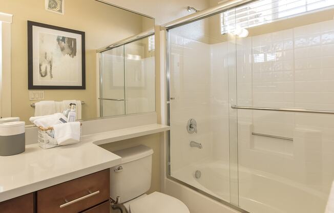 a bathroom with a shower toilet and sink