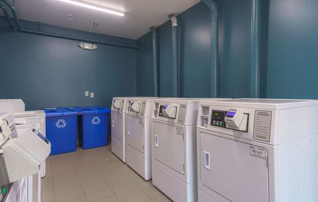 a row of washers and dryers in a laundry room