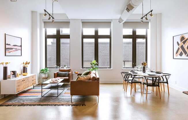 Living room interior at The Ferguson Downtown Detroit Apartments, Michigan