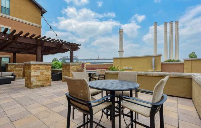 a patio with a table and chairs on a roof