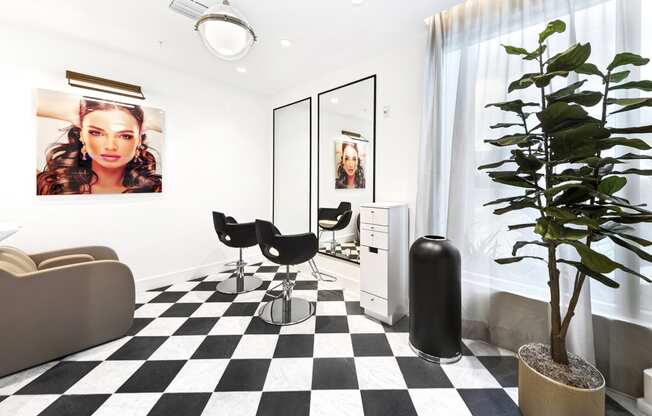 a salon room with a black and white checkered floor