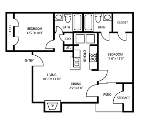 2 beds, 2 baths, 955 sqft, $1,400