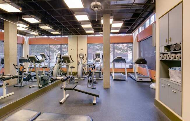 A gym with a variety of equipment including treadmills, stationary bikes, and weight machines.