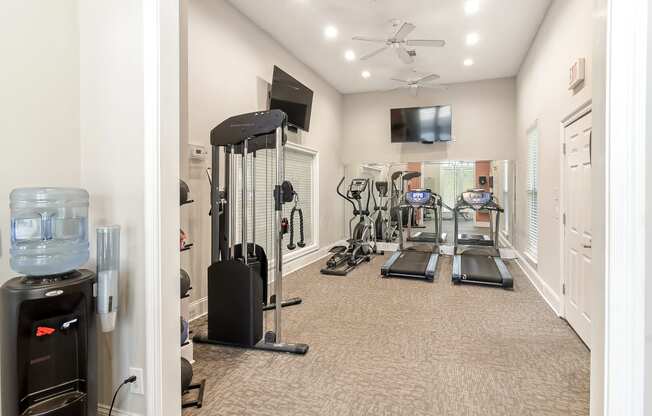 a home gym with cardio equipment and a television at Lagniappe of Biloxi Apartment Homes, Biloxi