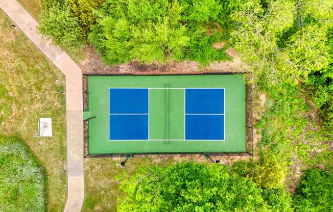a tennis court on the grass with trees around it