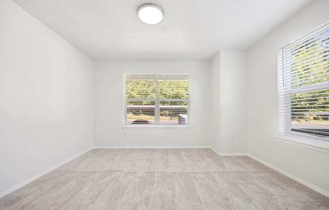 A room with a carpeted floor and a window with blinds.
