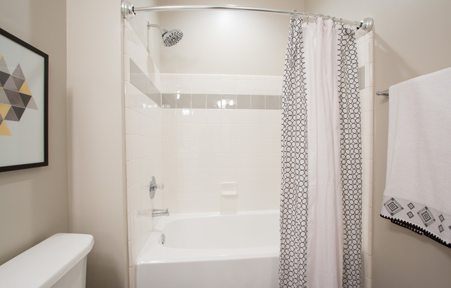 Beautiful tiled bath with accesnt tile in gray