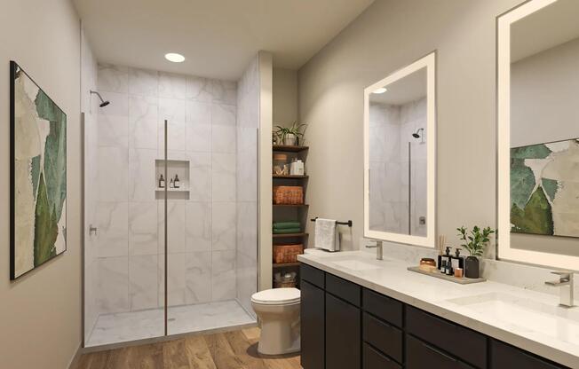 Select apartment homes feature designer bathrooms with double vanities, quartz countertops, and spa-like soaking tubs.