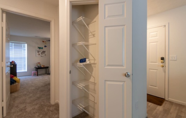 This is a photo of the hall linen closet in the 1100 square foot 2 bedroom Kettering floor plan at Washington Park Apartments in Centerville, OH.