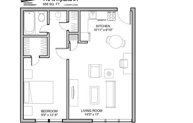 1 bed, 1 bath, 593 sqft, $905, Unit 1