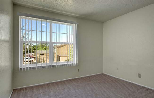 an empty living room with a large window
