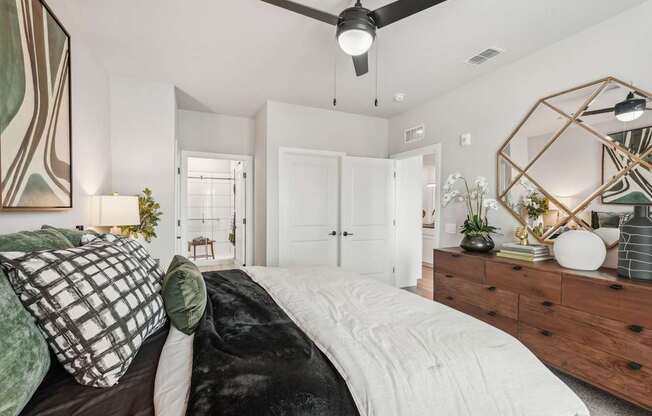 Furnished living room in two bedroom apartment model