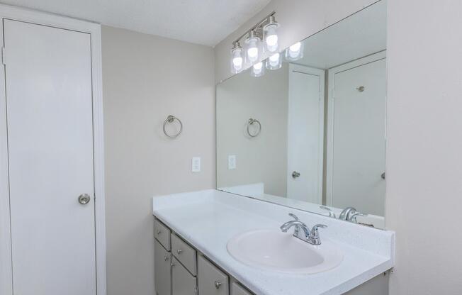 A bathroom interior featuring a white countertop with a sink, a large mirror above, and four light fixtures. The walls are painted in a neutral tone, and there is a towel ring on the wall. A closed door is visible on the left side of the image.