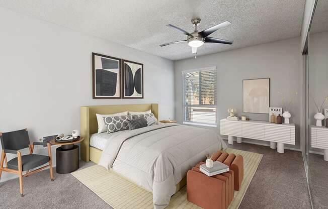 Model Bedroom with Carpet and Window View at Colonnade at Fletcher Hills Apartments in El Cajon, CA.