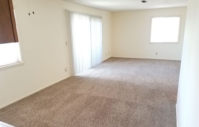 A room with a carpeted floor and a window with blinds.