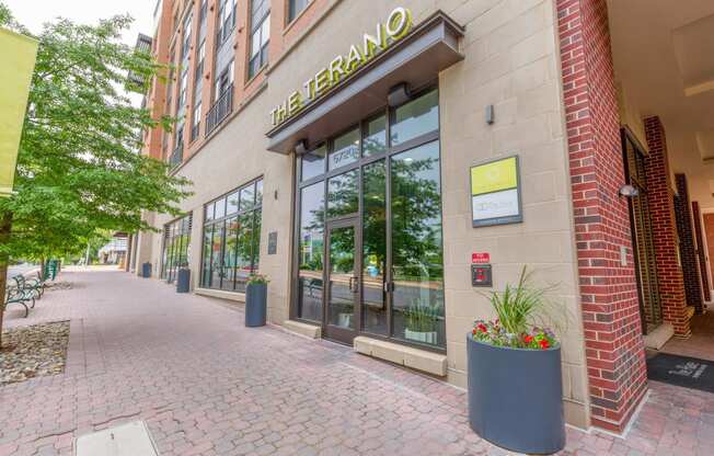 a view of the front of the building with potted plants on the sidewalk