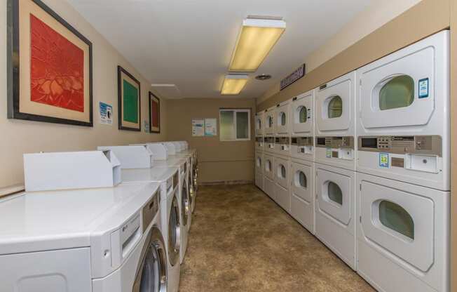 a washer and dryer room with a row of washing machines and laundry facilities at Lincoln Village Apartments, Spokane, WA 99208