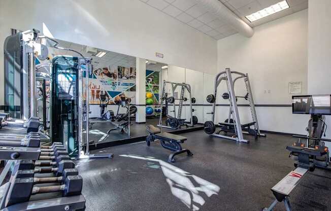 A gym with a variety of equipment including treadmills, weights, and exercise machines.