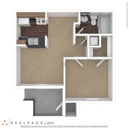 a stylized image of our 1 bedroom floor plan