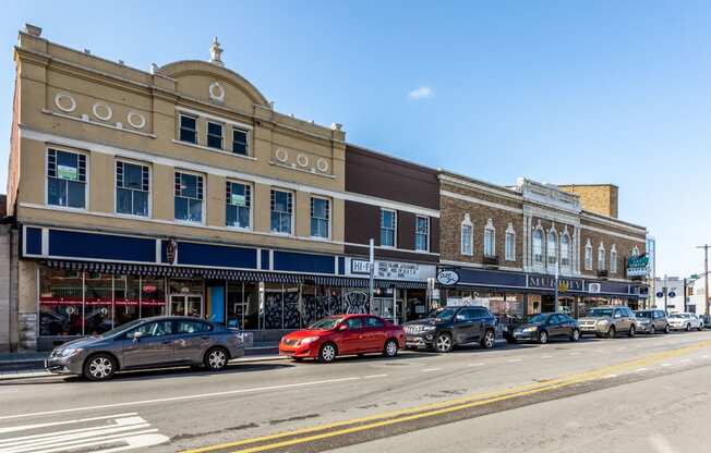 street side view of neighborhood stores at Edge 35, Indianapolis, Indiana