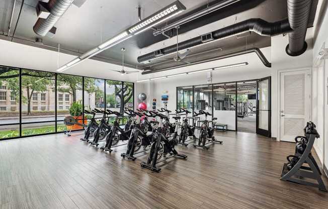 A gym with a row of stationary bikes and a row of treadmills.