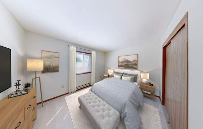 A bedroom with a bed, nightstand, and a television.