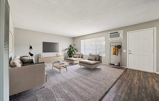 A living room with a couch, a chair, a coffee table, and a television.