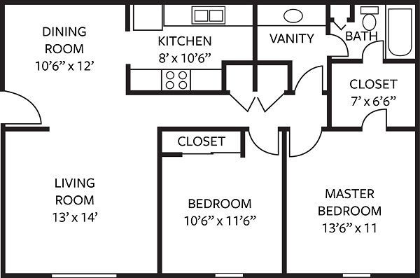 2 beds, 1 bath, 920 sqft, $1,105