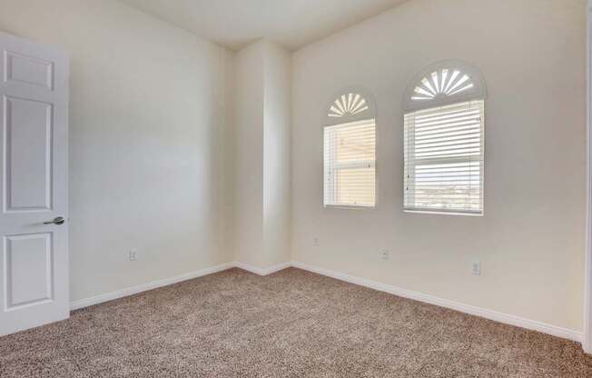 A room with a carpeted floor, a door, and two windows with blinds.