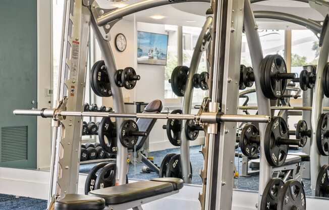 a gym with weights and cardio equipment in a hotel room