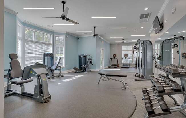 A spacious gym with a variety of equipment including treadmills, weights, and a bench press.