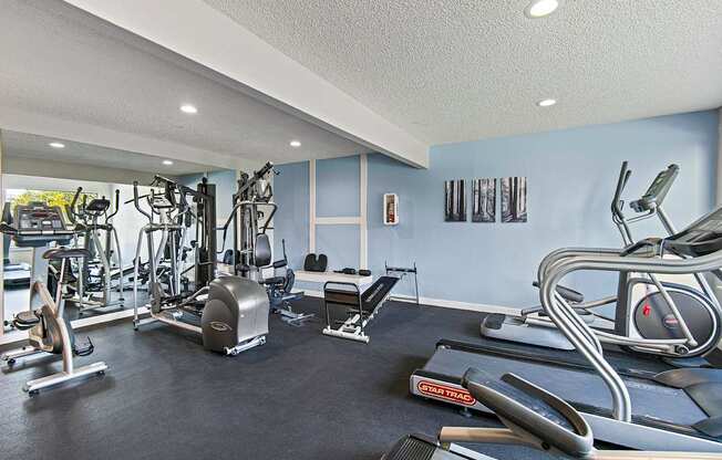A gym with a variety of exercise equipment including treadmills, weights, and exercise machines.