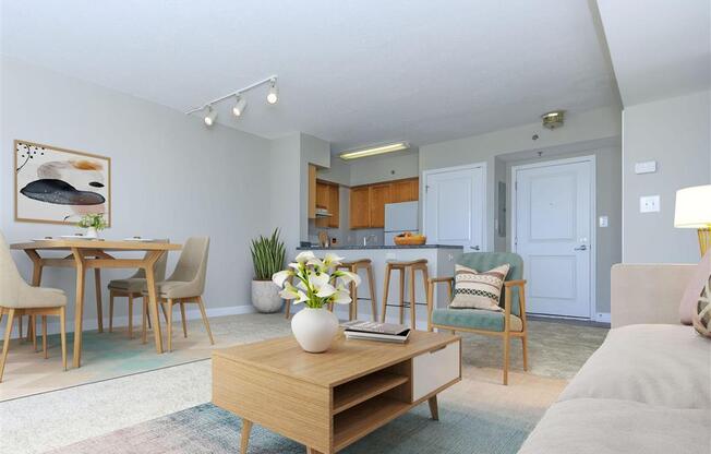 a living room with a couch and a table