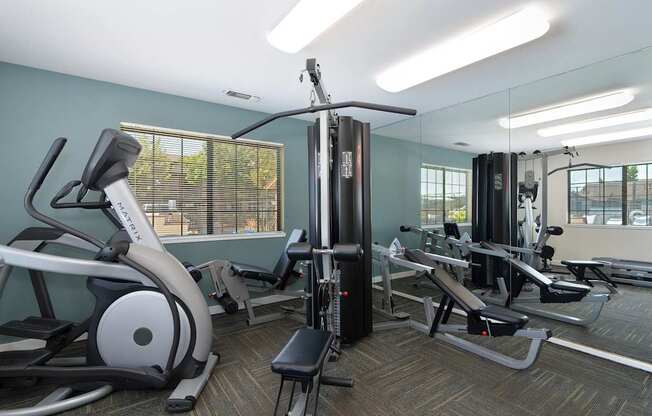 A gym with a treadmill, a weight machine, and a bench.