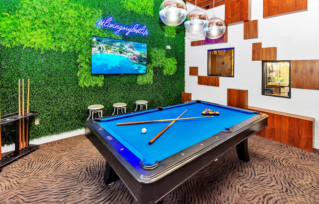 a game room with a pool table and a tv