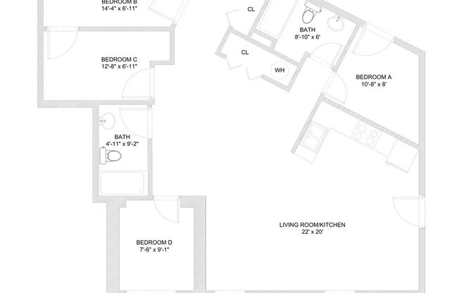 4 beds, 2 baths, 1,176 sqft, $795, Unit 103 BTB - B