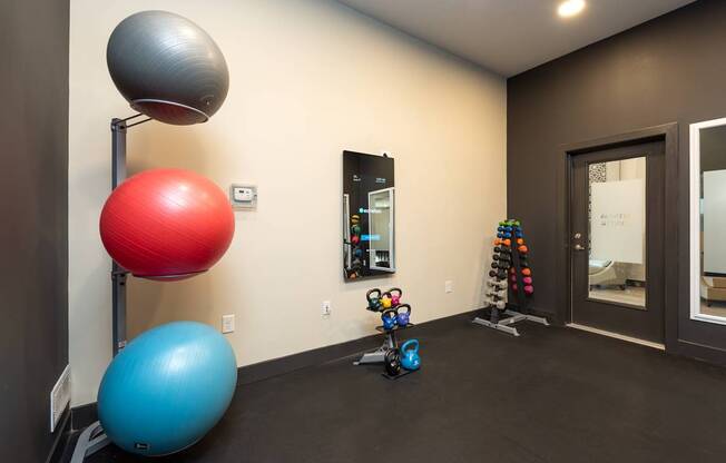 A room with a blue exercise ball, a red exercise ball, a grey exercise ball, and a pair of blue dumbbells.