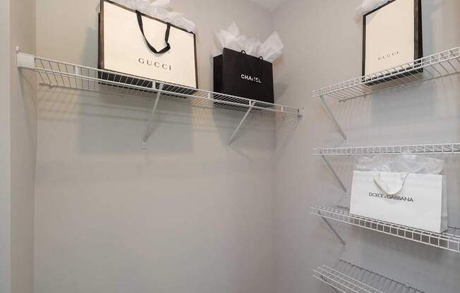Three bags with Gucci, Chanel, and Dolce & Gabbana logos are displayed on shelves.