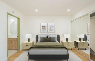 a bedroom with a bed and a glass door to a bathroom