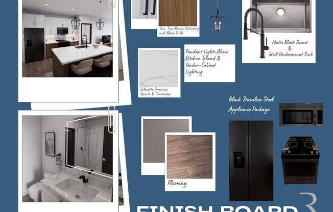 A collection of images showcasing various finishes for kitchen and dining room furniture.