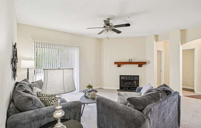A living room with a grey couch, a coffee table, and a fireplace.