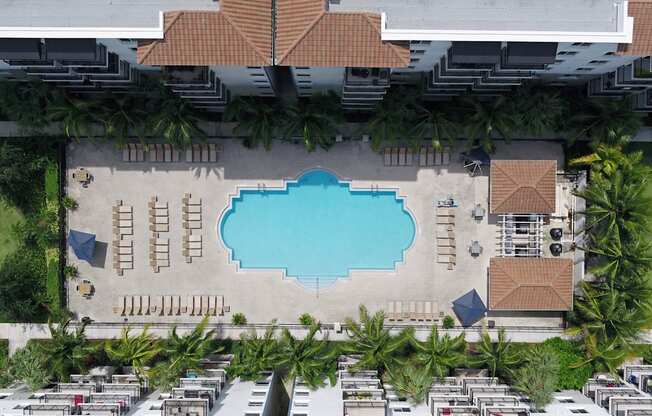 an overhead view of a pool at an hotel with palm trees