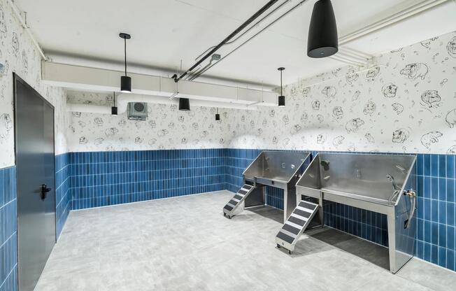 Elevated pet spa with double wash stations and playful dog-themed design.