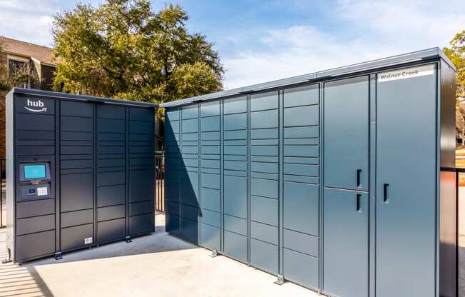 Amazon Hub package lockers at Walnut Creek Crossing Apartments, in Austin, Texas