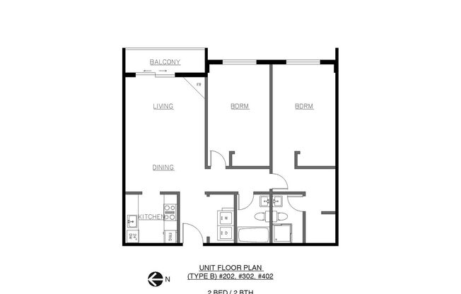 2 beds, 2 baths, 823 sqft, $1,719, Unit 202