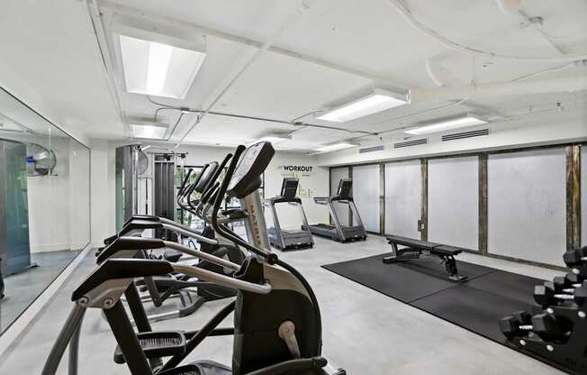 A gym with treadmills, elliptical machines, a bench, and free weights.