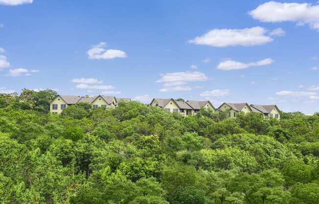 a row of apartments sitting on top of a lush green forest